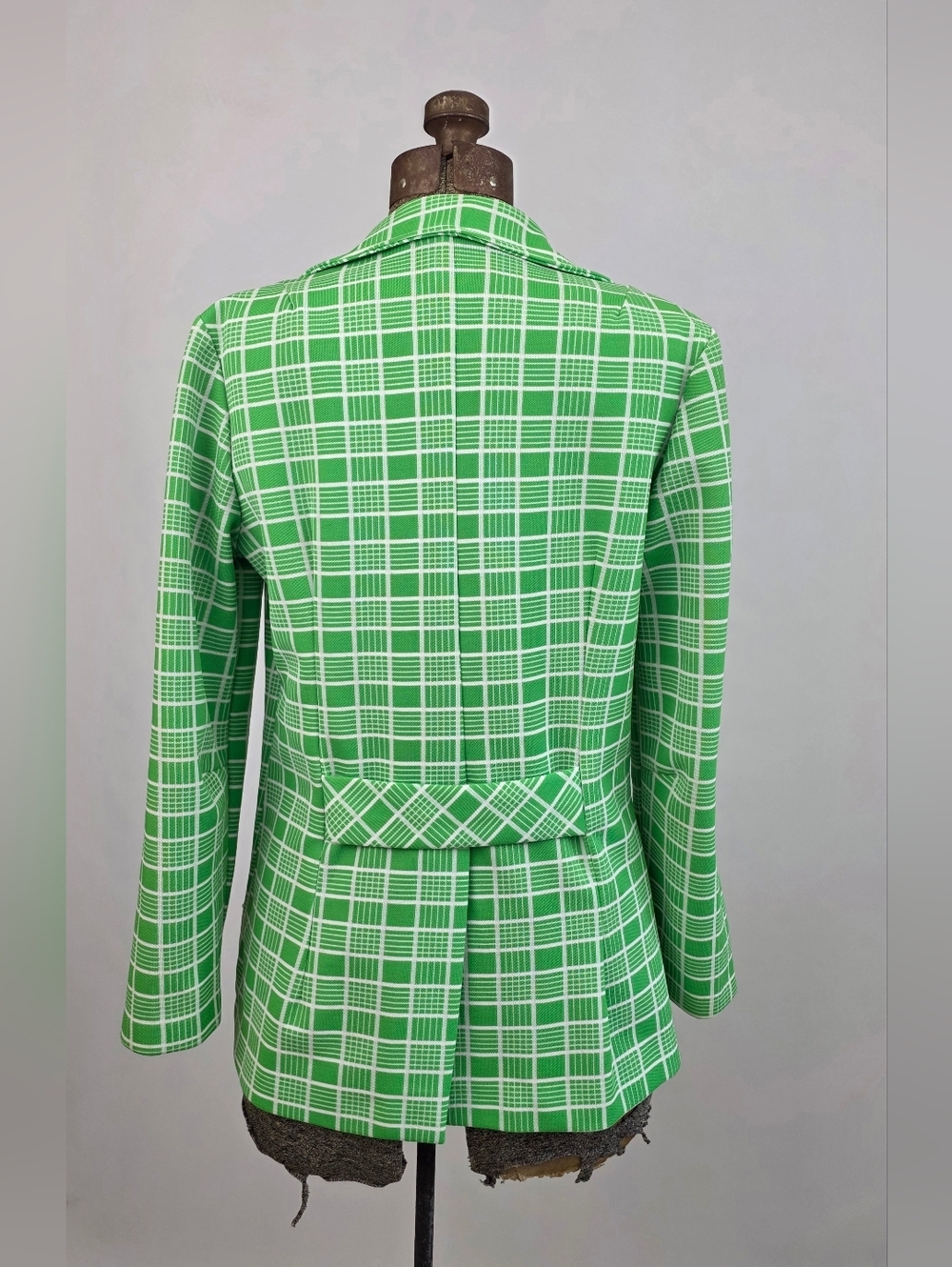 Russ Vintage 70's Medium Green White Plaid Wide Peaked Lapel Jacket Size Medium - Picture 4 of 10